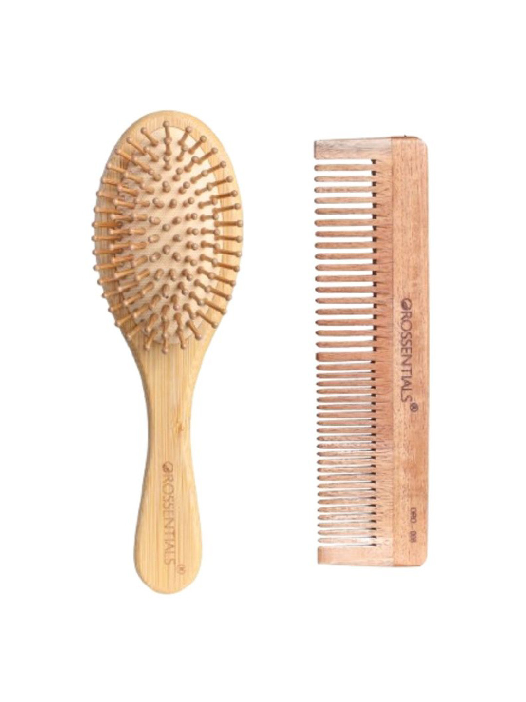 OROSSENTIALS Set Of Wooden Oval Hair Brush & Kaachi Neem Wood Comb