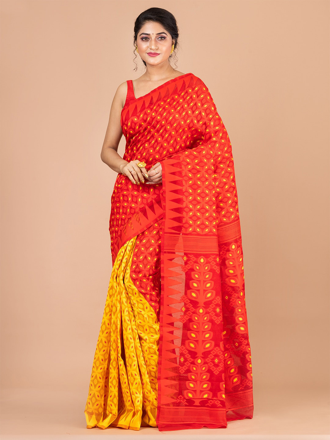 HOUSE OF ARLI Floral Woven Design Half & Half Jamdani Saree