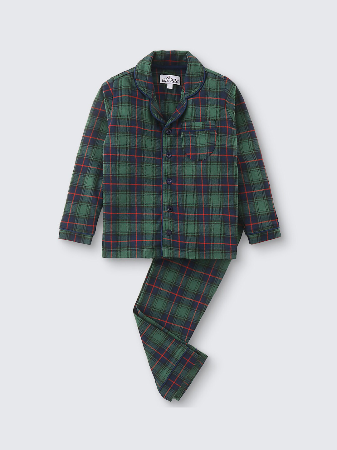 Nite Flite Kids Checked Lapel Collar Pure Cotton Night suit