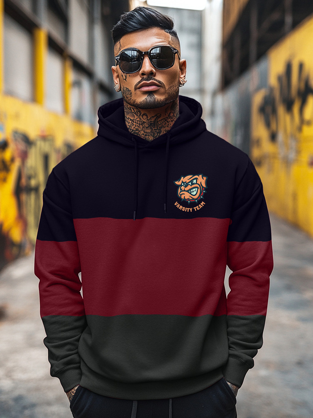 VEIRDO Colourblocked Hooded Fleece Sweatshirt