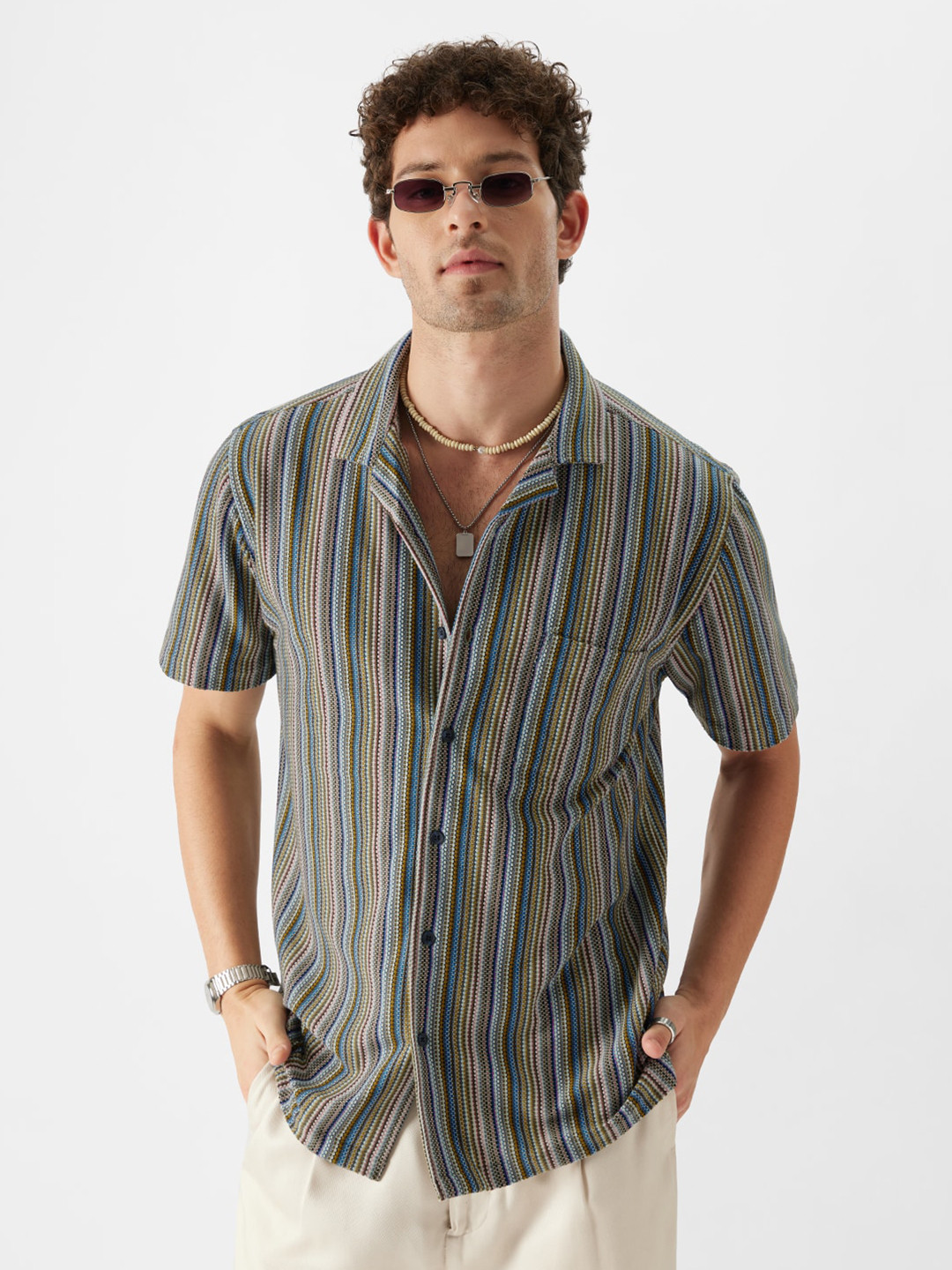 The Souled Store Relaxed Self Design Vertical Striped Cuban Collar Pure Cotton Shirt