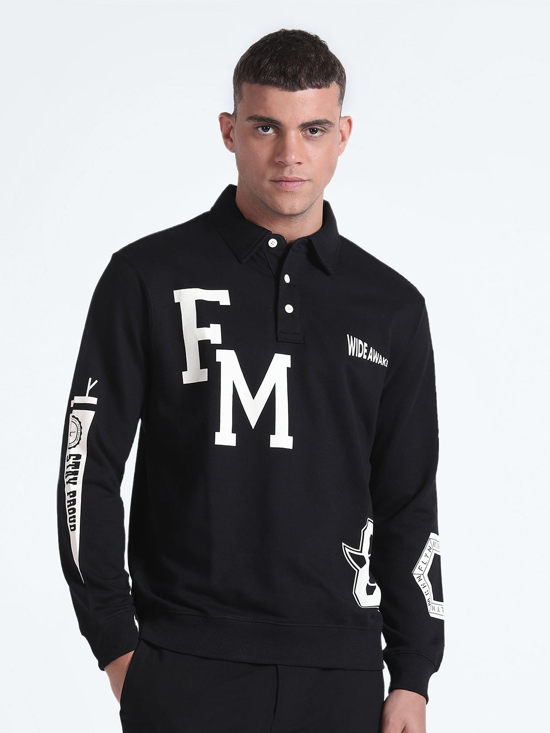 Flying Machine Shirt Collar Typography Printed Pure Cotton Sweatshirt