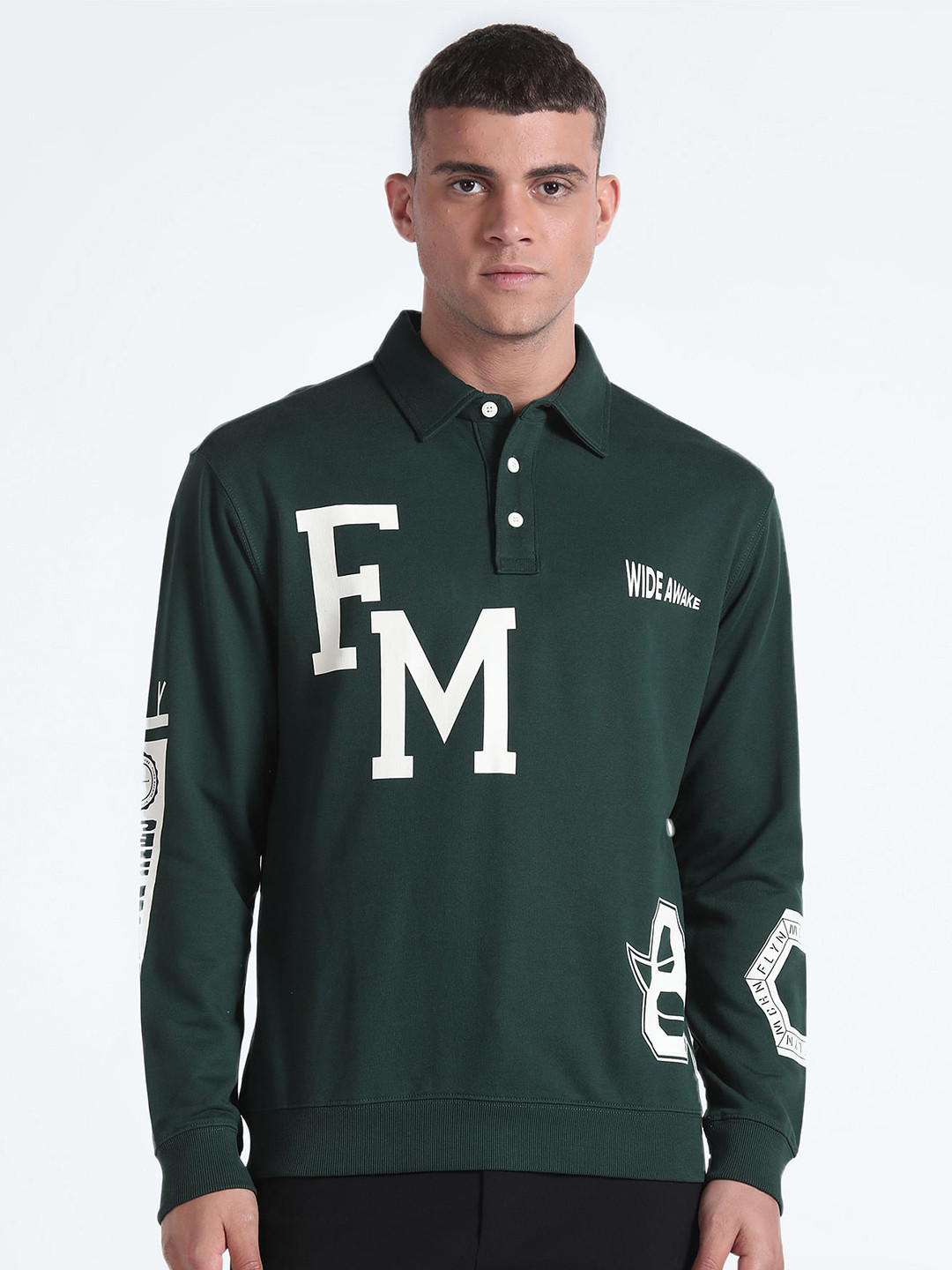 Flying Machine Shirt Collar Typography Printed Pure Cotton Sweatshirt