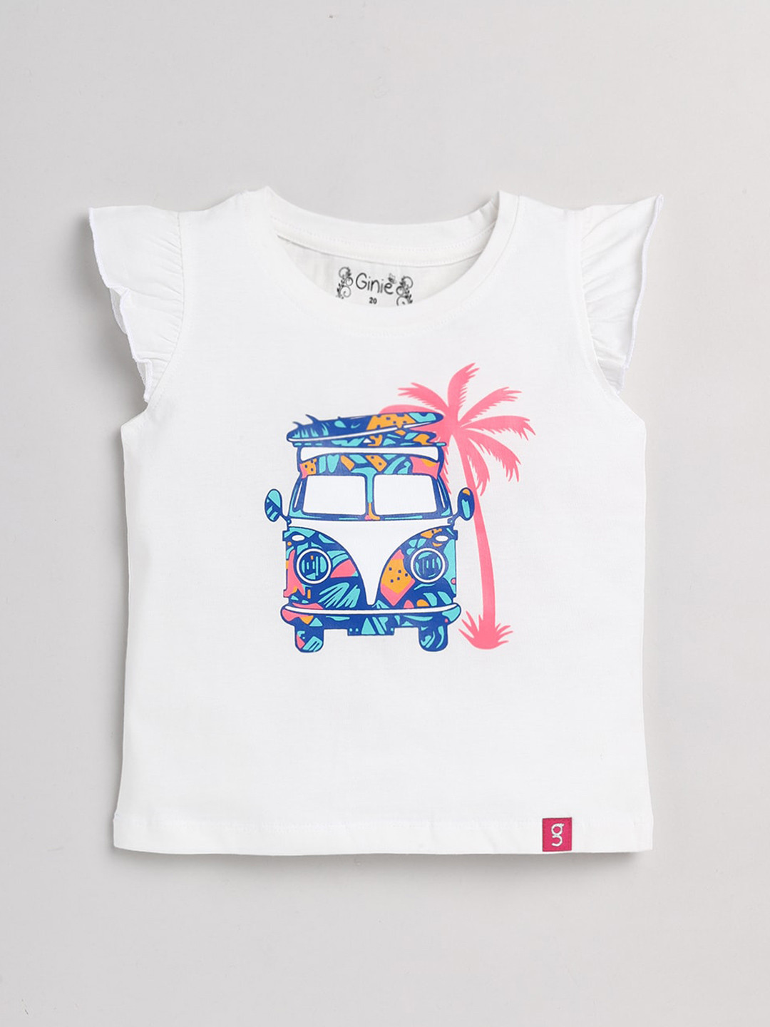 Ginie Girls Graphic Printed Flutter Sleeves Pure Cotton Top