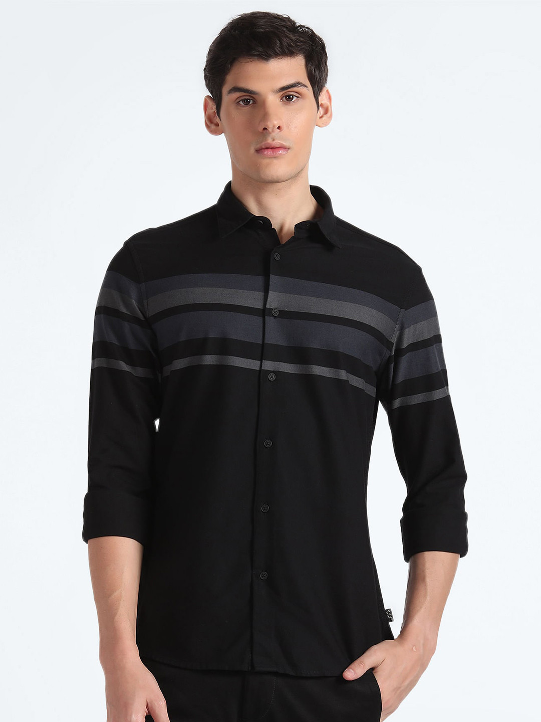 Flying Machine Horizontal Striped Spread Collar Pure Cotton Casual Shirt