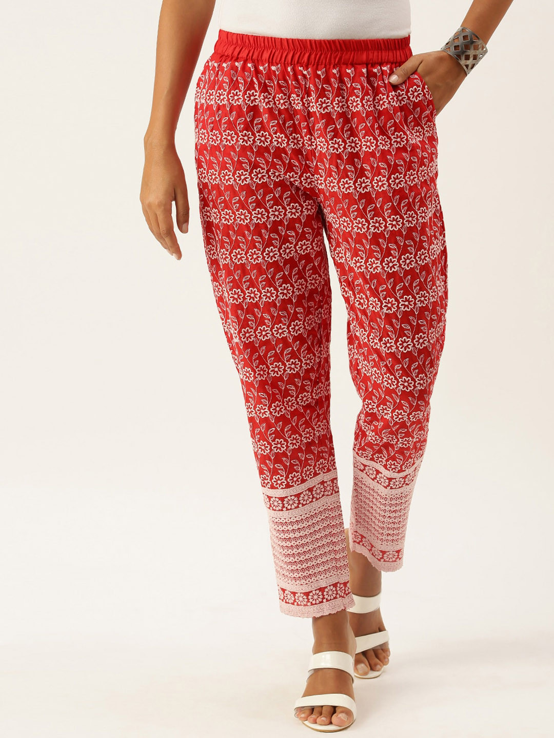 all about you Women Floral Embroidered Relaxed Straight Leg Easy WashCotton Trousers