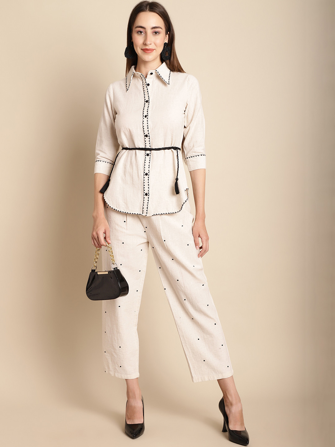 BLANC9 Embroidered Shirt Collar Tie Up Shirt With Trousers