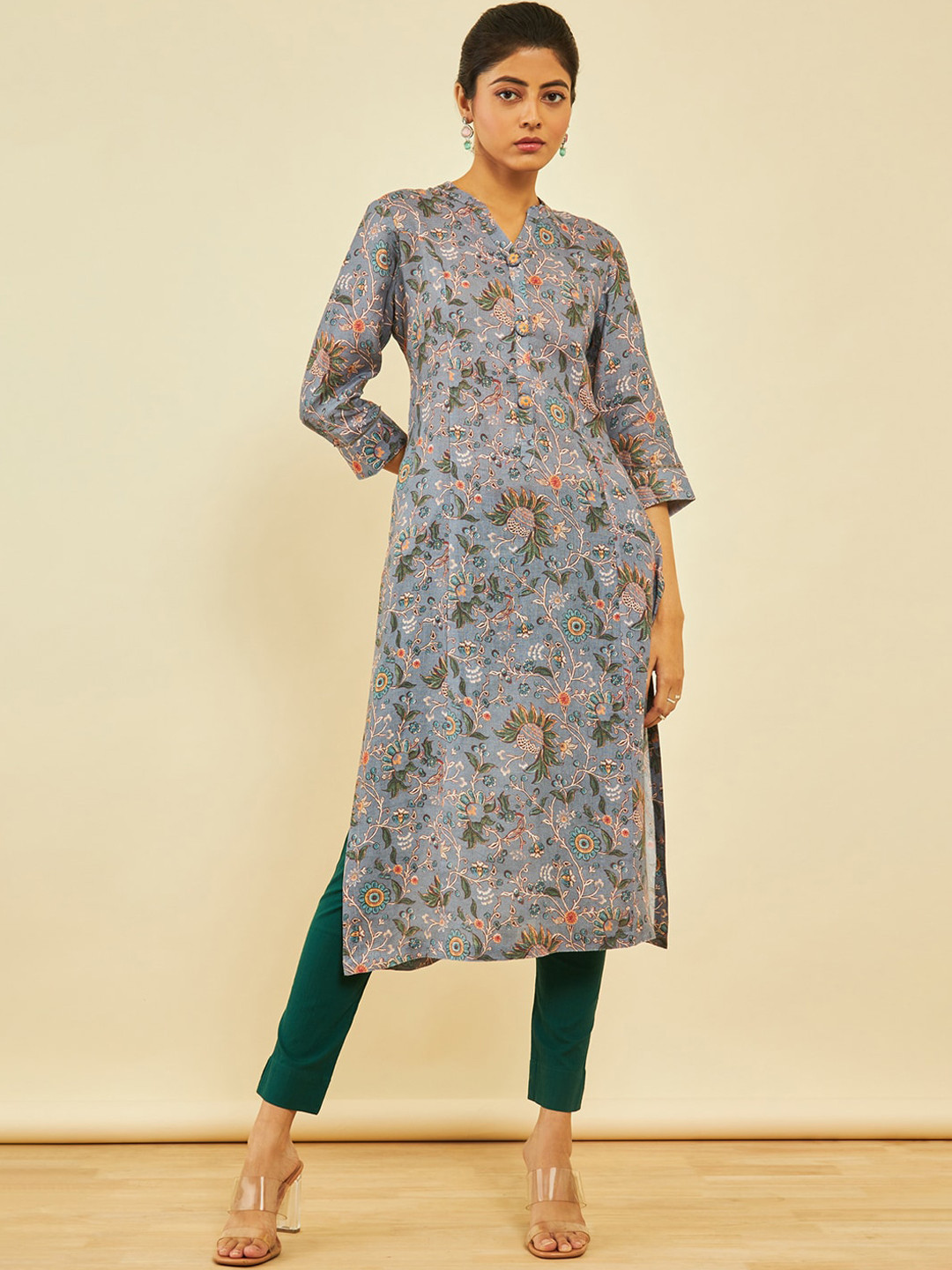 Soch Grey Floral Printed Straight Linen Kurta