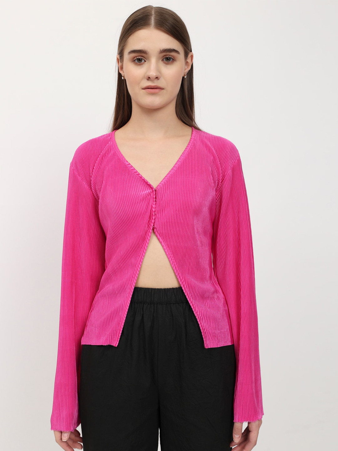 DEPANO Striped Satin Shirt Style Crop Top