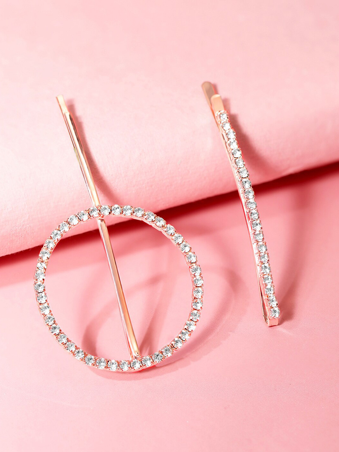 Rubans Set of 2 Rose Gold-Plated Cubic Zirconia Studded Circle & Linear Hairpin