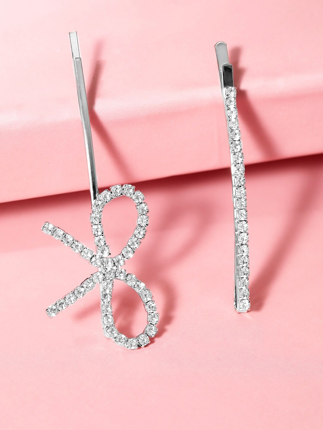 Rubans Set of 2 Rhodium-Plated Cubic Zirconia Studded Bow & Linear Hairpin