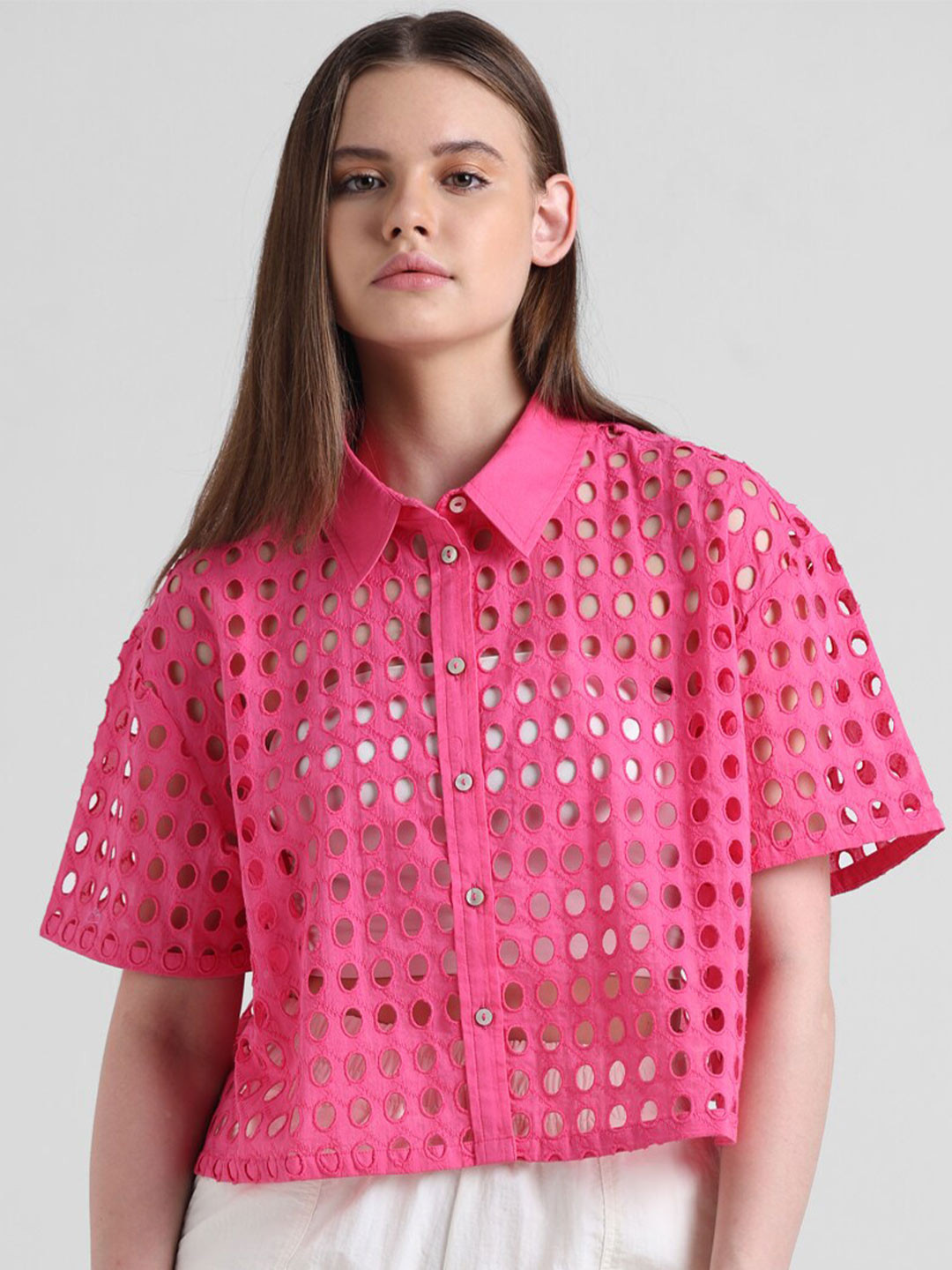 ONLY New Schiffli Self Design Semi Sheer Printed Crop Casual Pure Cotton Shirt