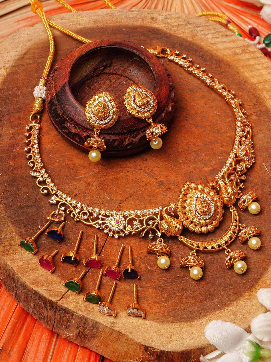 GRIIHAM Gold-Plated American Diamond Studded Jewellery Set With 3 Interchangeable Stones