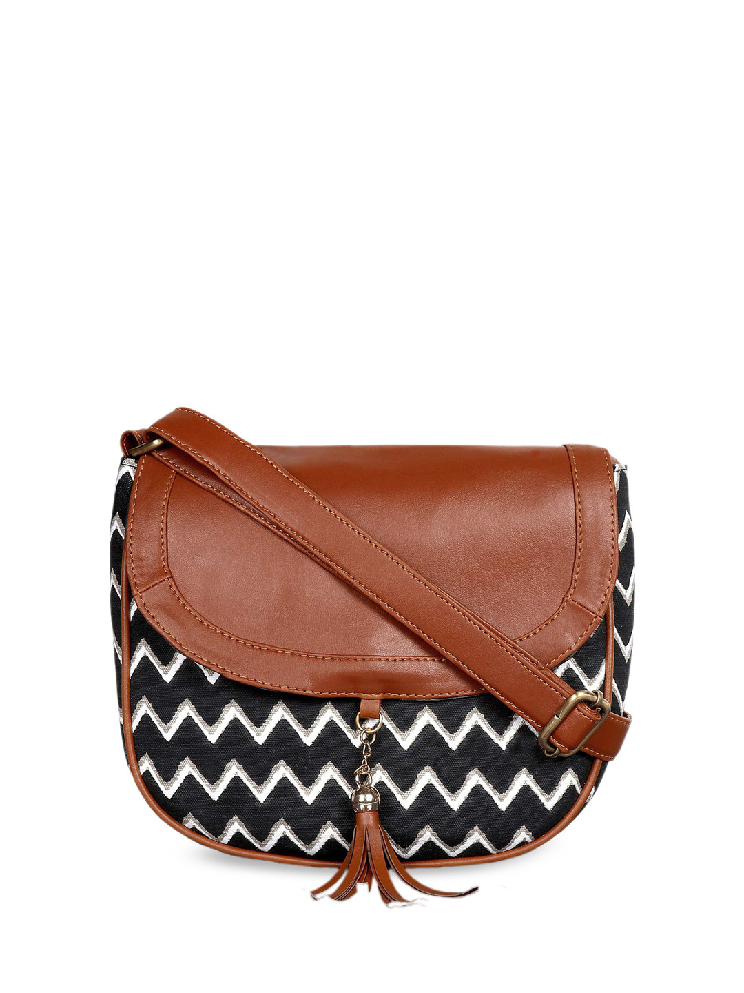 Anouk Black Chevron Printed Tasselled Structured Sling Bag