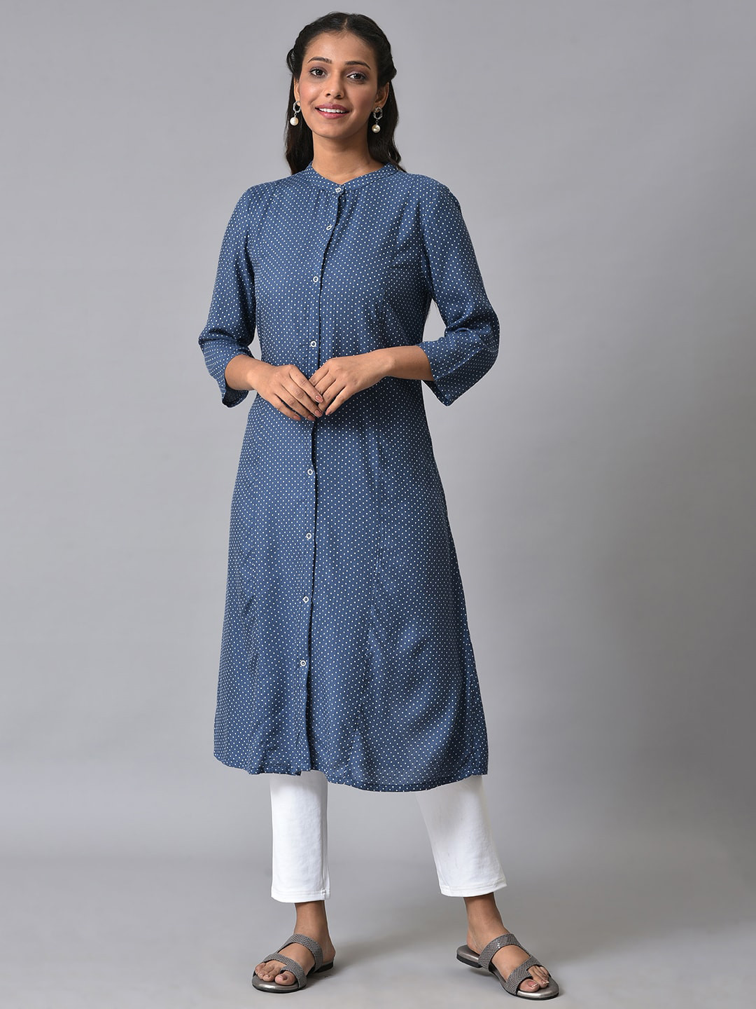 AURELIA Polka Dot Printed Band Collar Straight Kurta