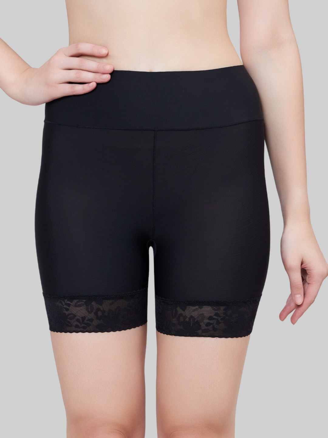 PLUMBURY Women Slim Fit High Rise Rapid Dry Cycling Shorts With Lace