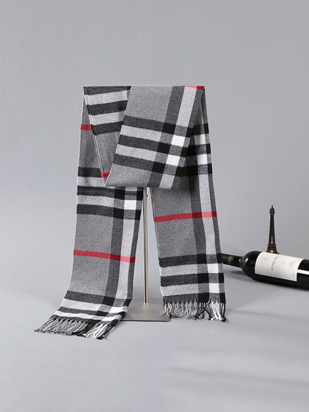 Alexvyan Men Grey Checked Woolen Cashmere Soft Winter Muffler