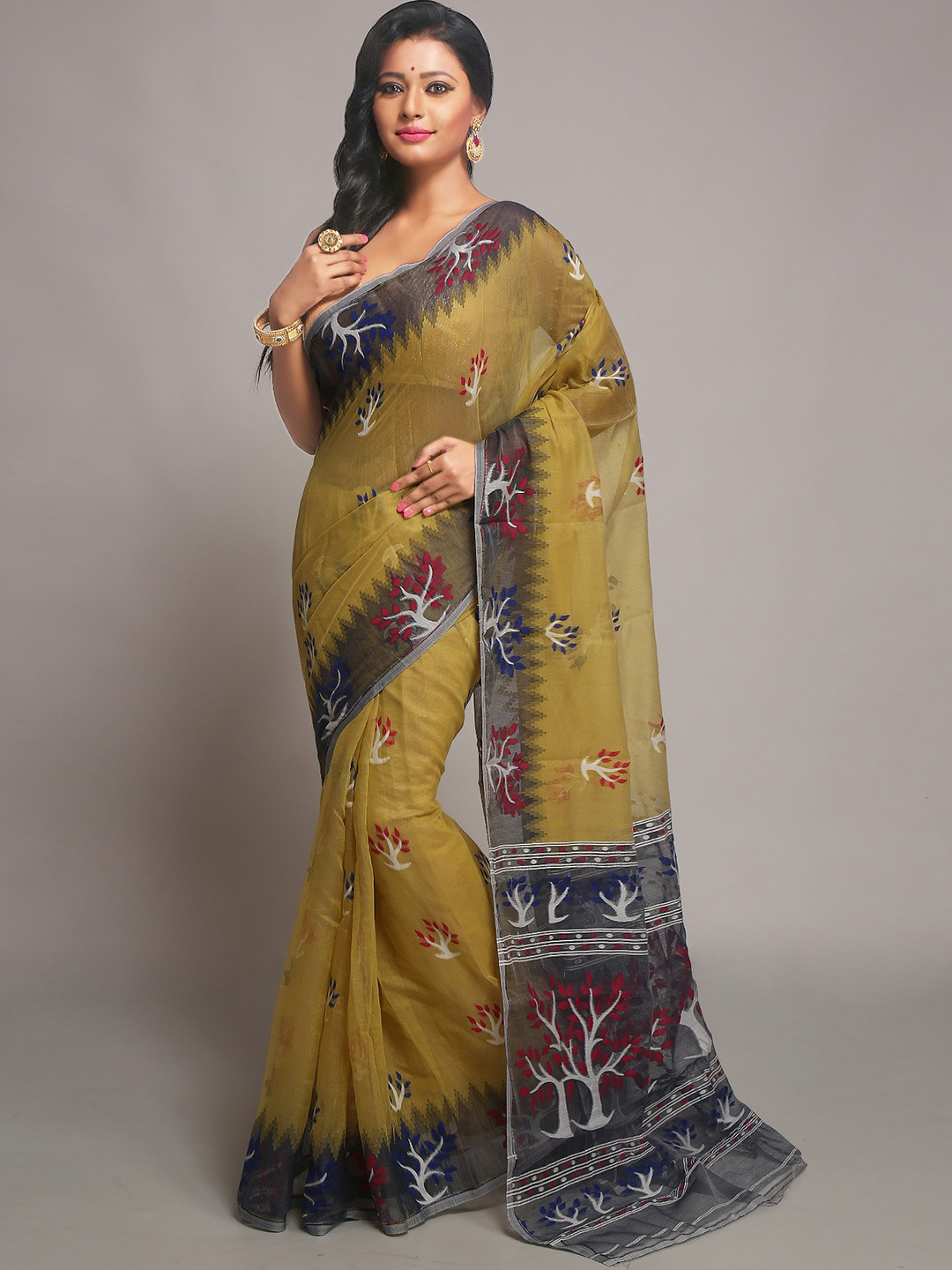 WoodenTant Ethnic Motif Woven Design Silk Cotton Jamdani Saree