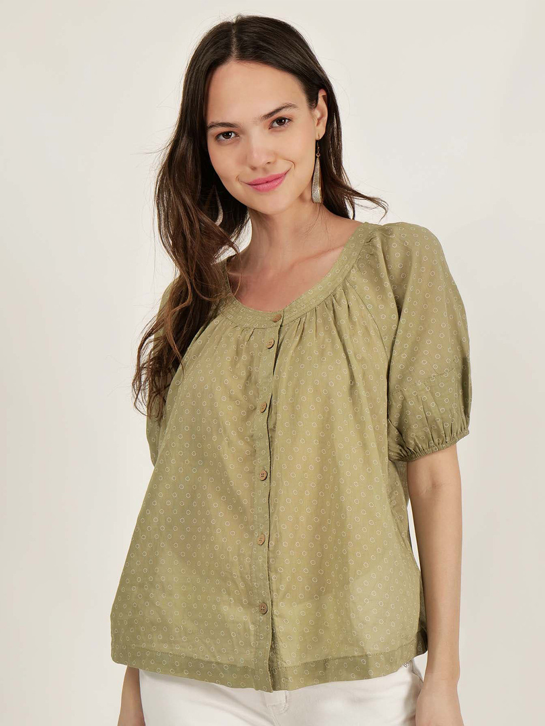DRIRO Khaki Geometric Printed Puff Sleeve Pure Cotton Top