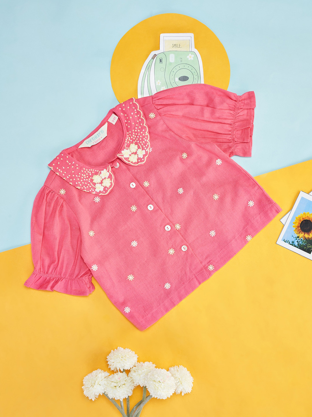 AKKRITI BY PANTALOONS Girls Floral Embroidered Peter Pan Collar Cotton Linen Top