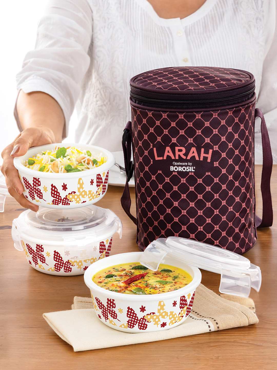 Larah by BOROSIL Veera Plastic Microwave Safe 4PCs Lunch Box With Spoon and Fork