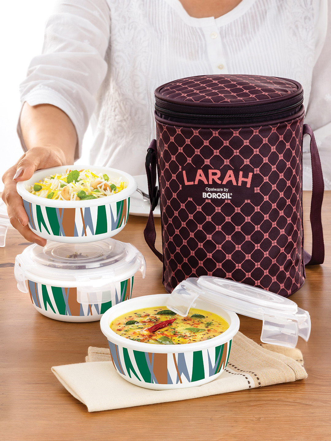 Larah by BOROSIL Geo Abstract Plastic Microwave Safe 4PCs Lunch Box With Spoon and Fork