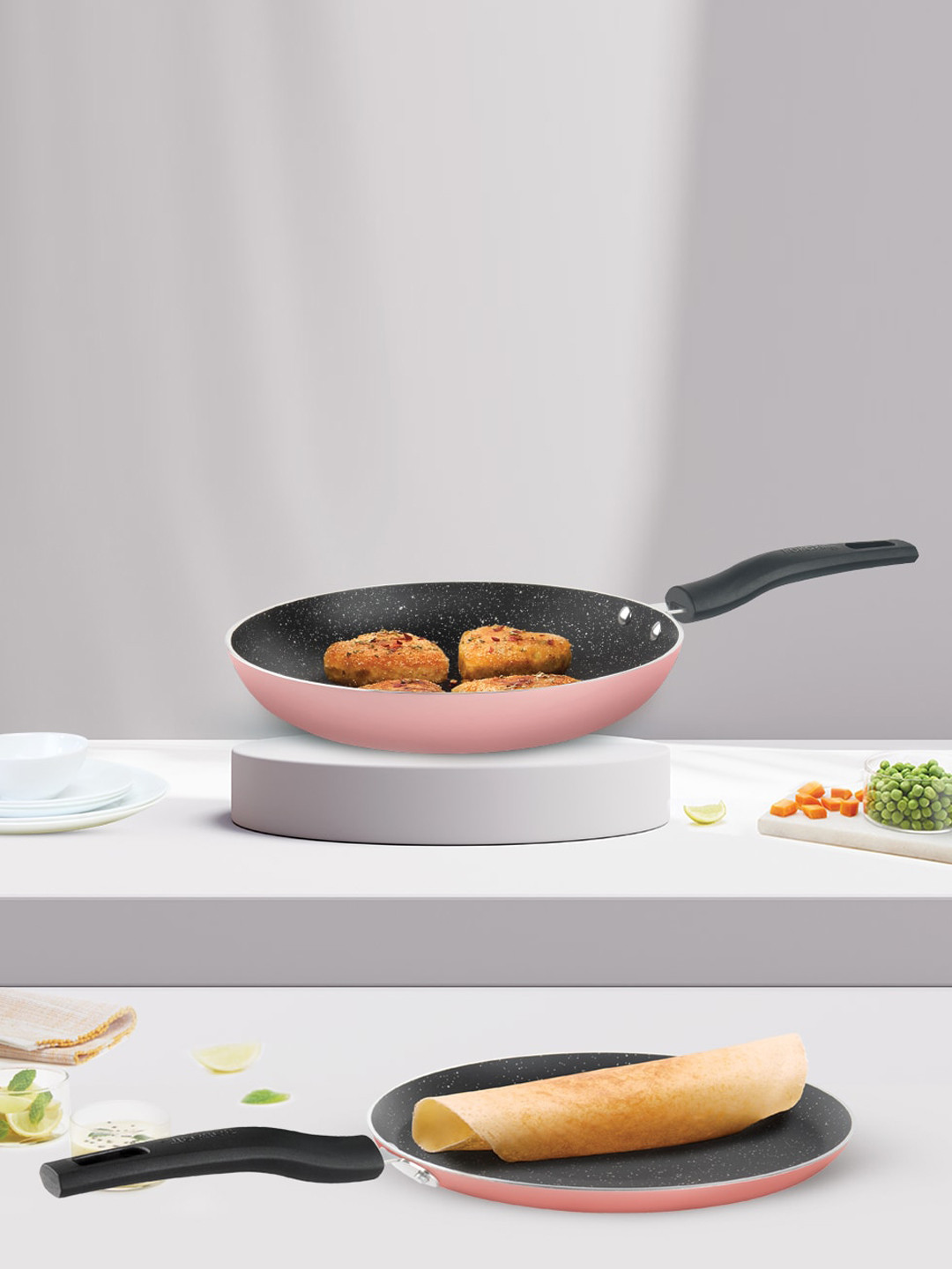 BOROSIL Festive Glory 2 Pieces Pink Tawa & Fry Pan Metal Spoon Friendly Cookware Set