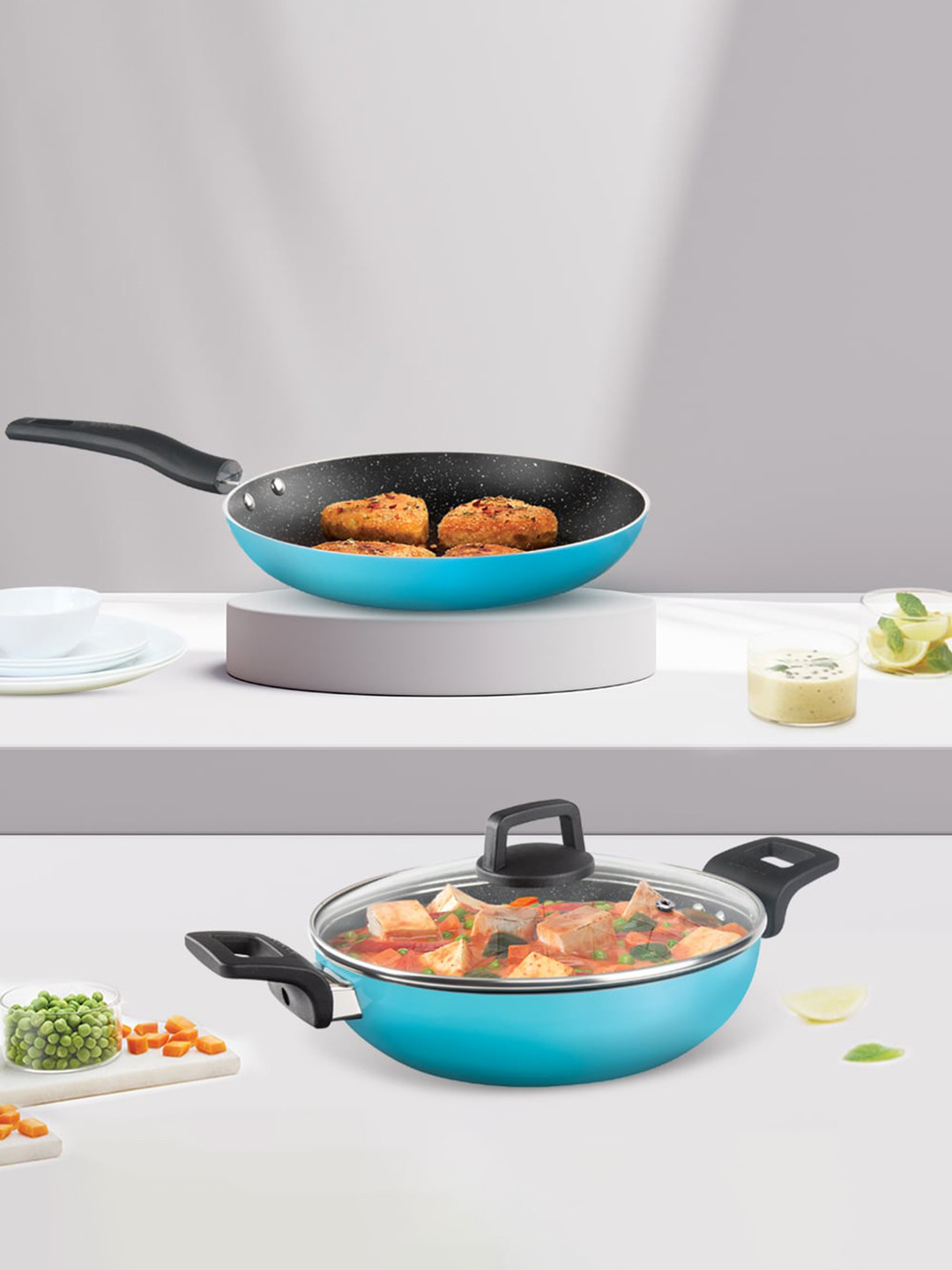 BOROSIL Festive Glory 3 Pieces Blue Kadhai Fry Pan & Lid Metal Spoon