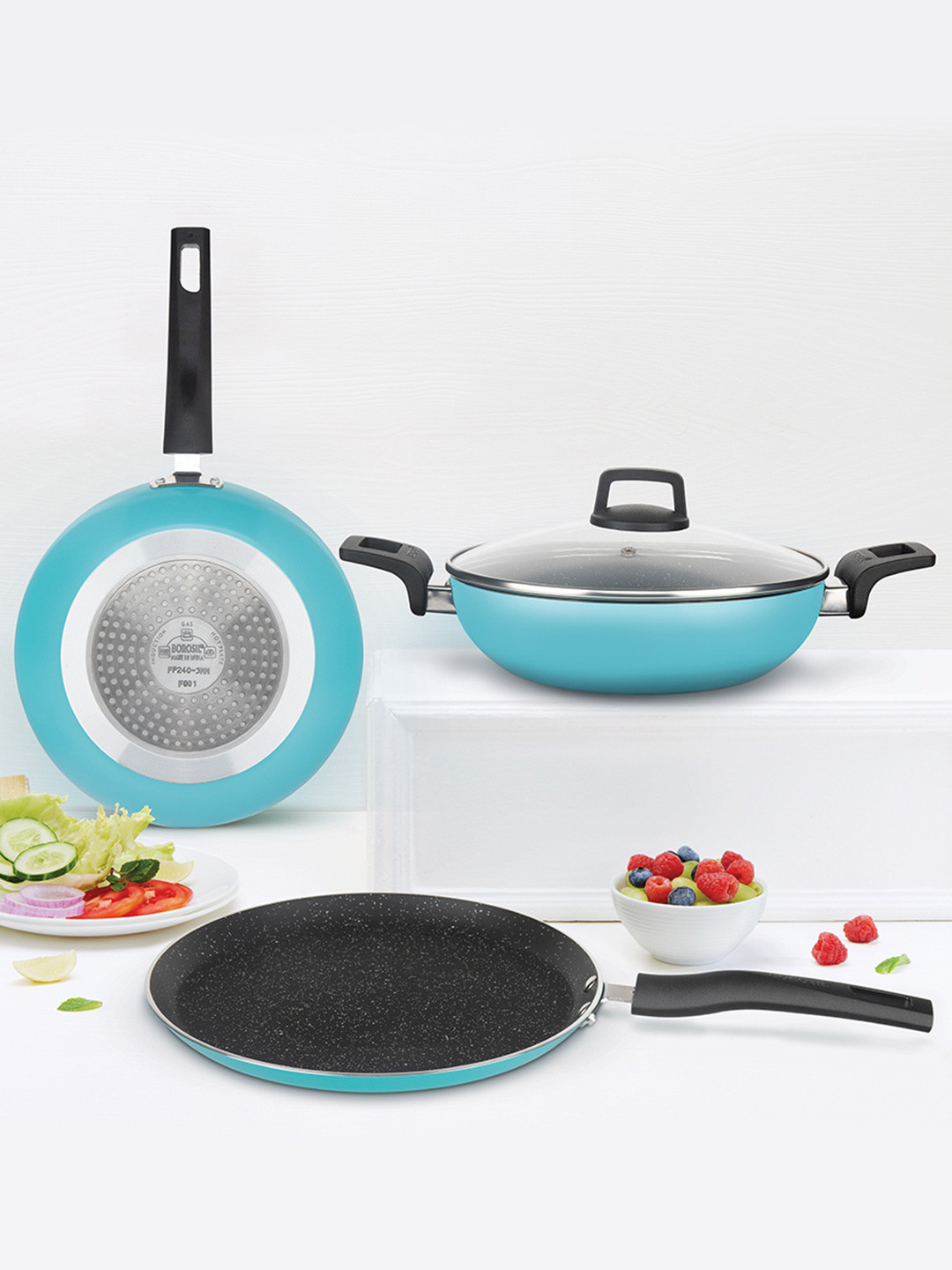 BOROSIL Festive Glory 4 Pieces Blue Tawa With Kadhai & Fry Pan & Lid Cookware Set
