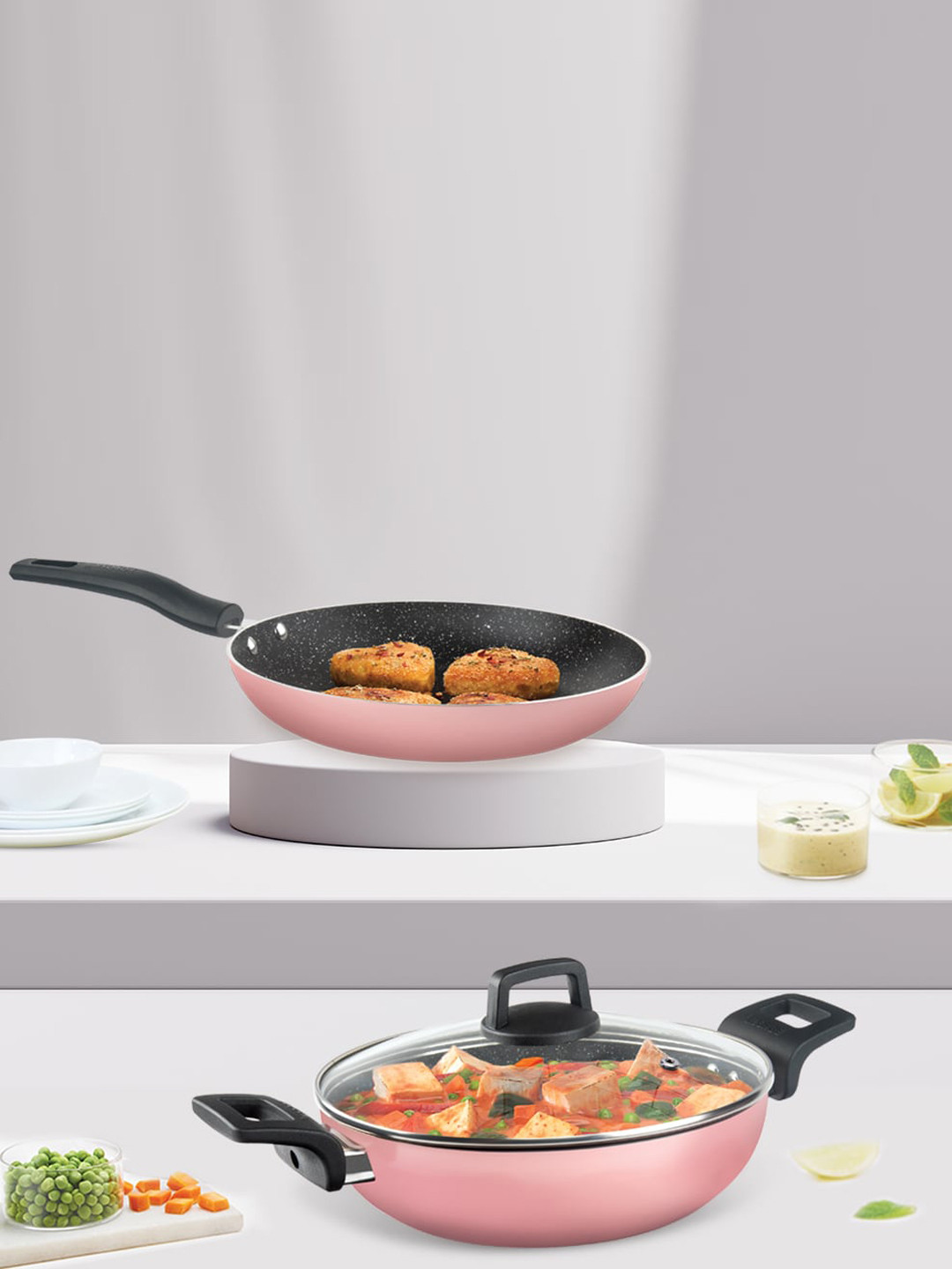 BOROSIL Festive Glory 2 Pieces Pink Kadhai, Fry Pan & Lid Cookware Set