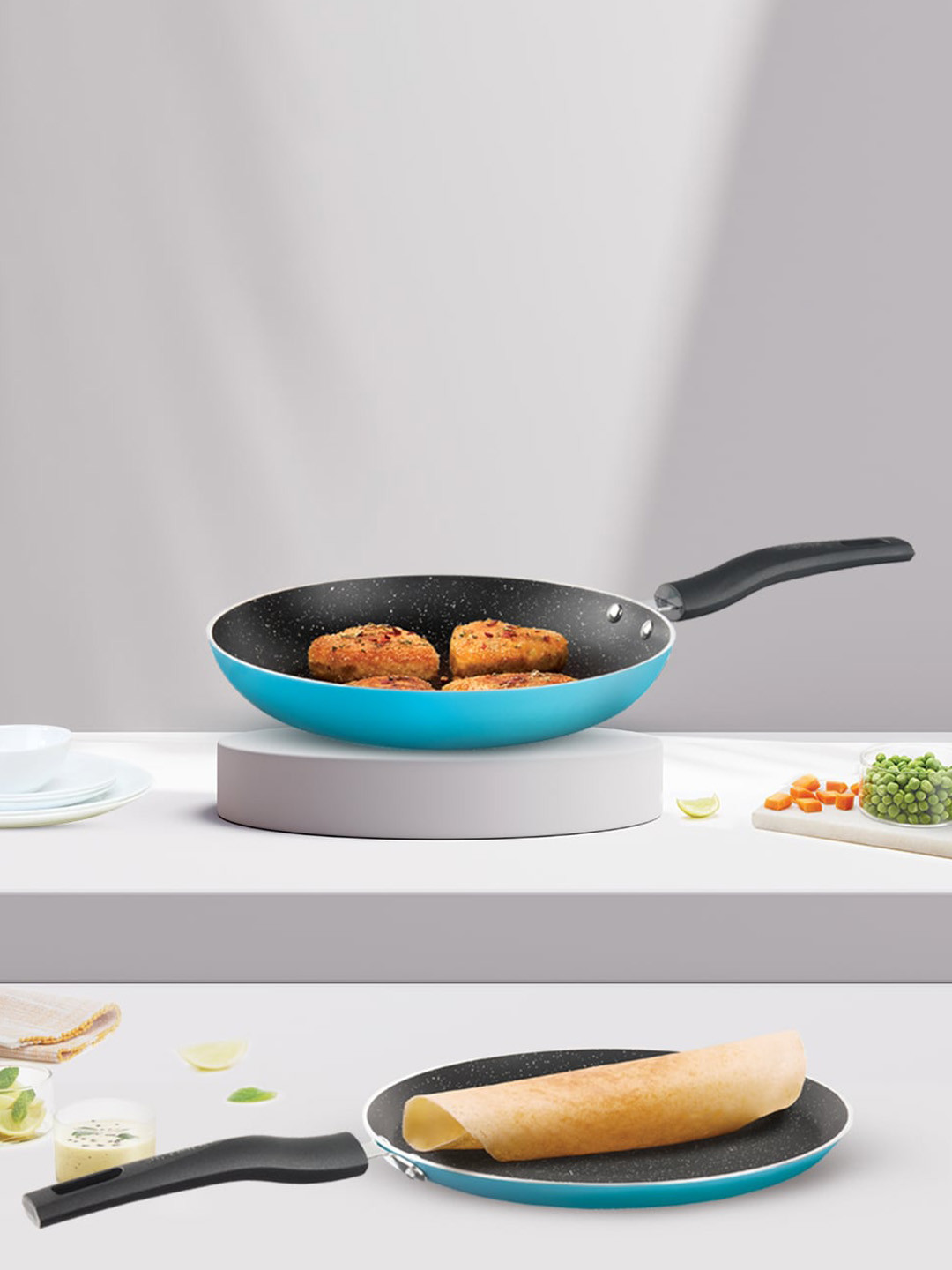 BOROSIL Festive Glory 2 Pcs Blue Tawa & Fry Pan Metal Spoon Friendly Cookware Set