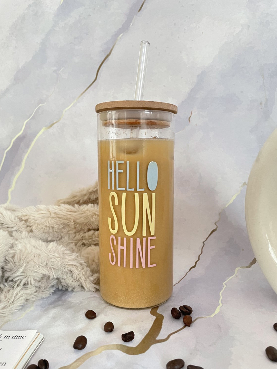 1219 Avenue Transparent & Yellow Printed Glass Tumbler With Lid & Glass Straw 650ml