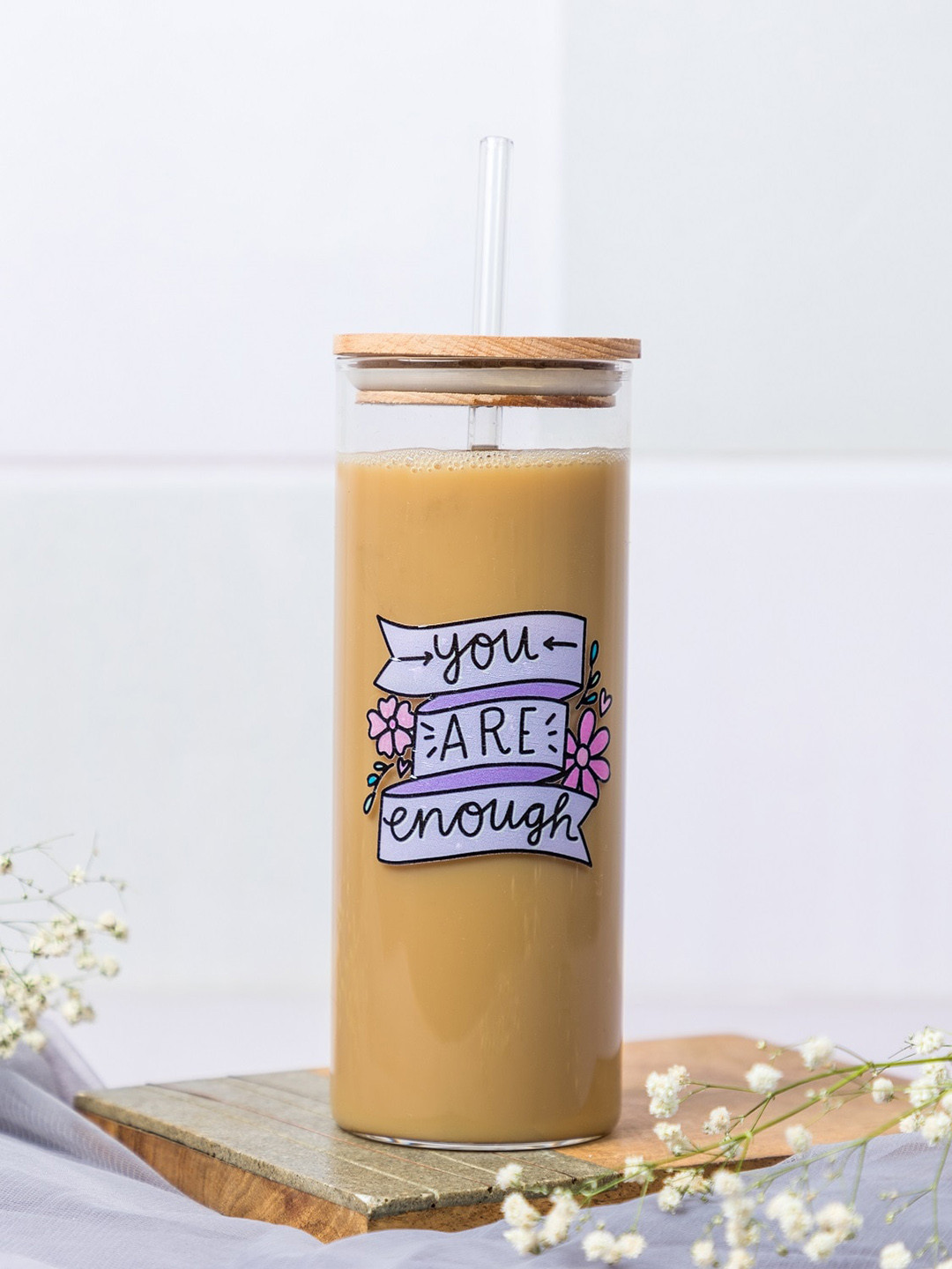 1219 Avenue Transparent Printed Tall Tumbler Glass with Lid and Straw 650 ml