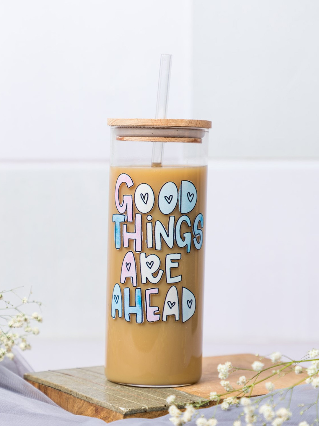 1219 Avenue Transparent Printed Tall Tumbler Glass with Lid and Straw 650 ml