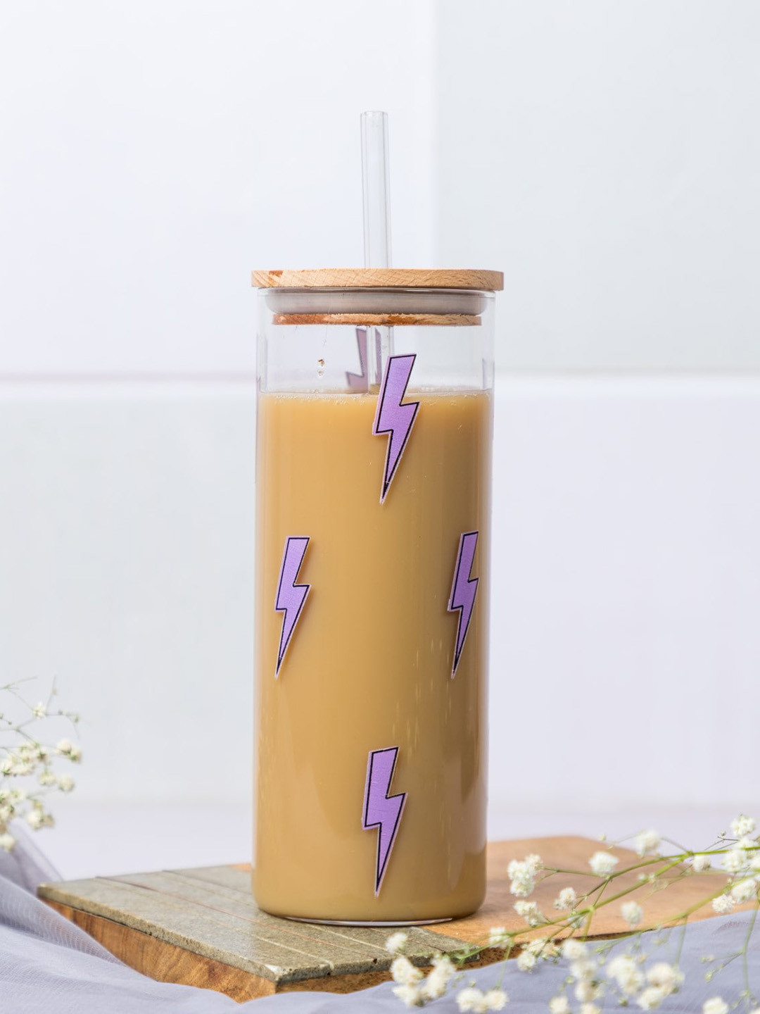 1219 Avenue Transparent & Purple Printed Tall Frosted Tumbler with Straw & Lid - 650 ML