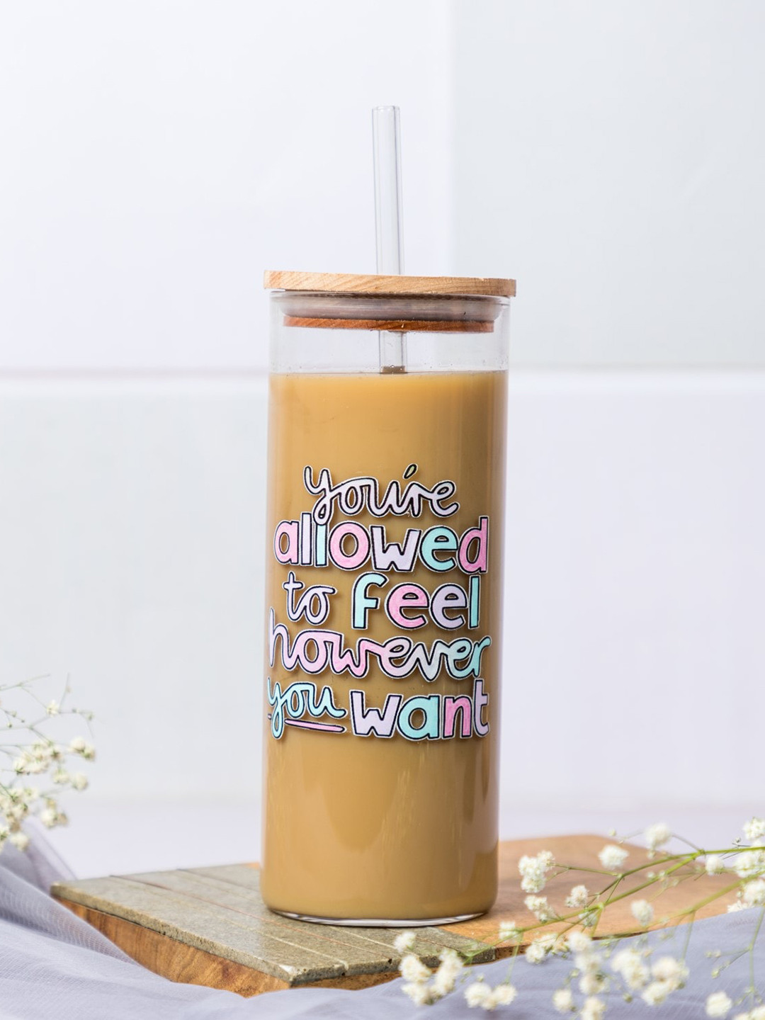 1219 Avenue Transparent Printed Tall Tumbler Glass with Lid and Straw 650 ml