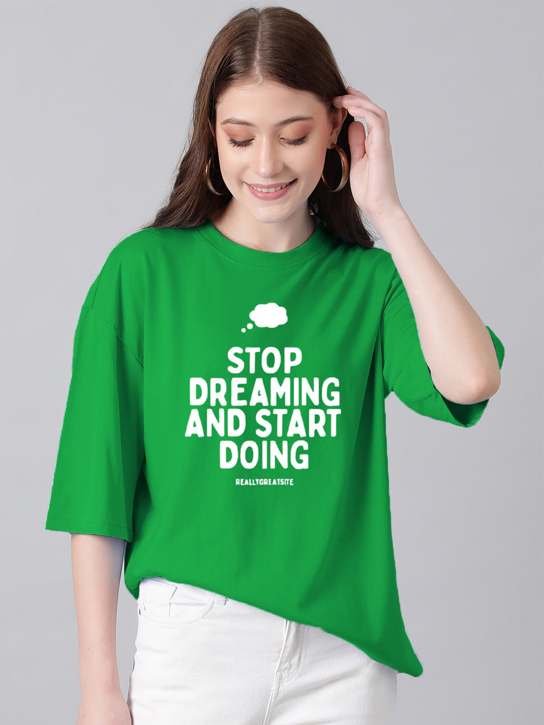 Kotty Typography Printed Round Neck Drop-Shoulder Sleeves Oversized T-shirt