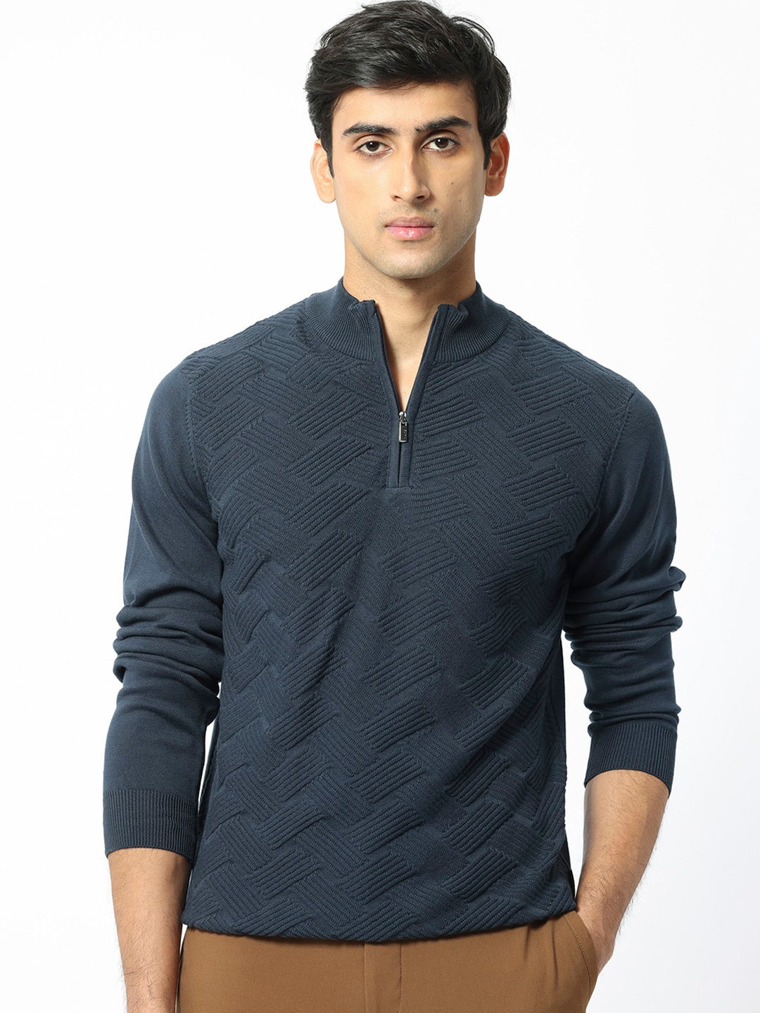 RARE RABBIT Men Troyo Self Design Mock Collar Pullover Sweater