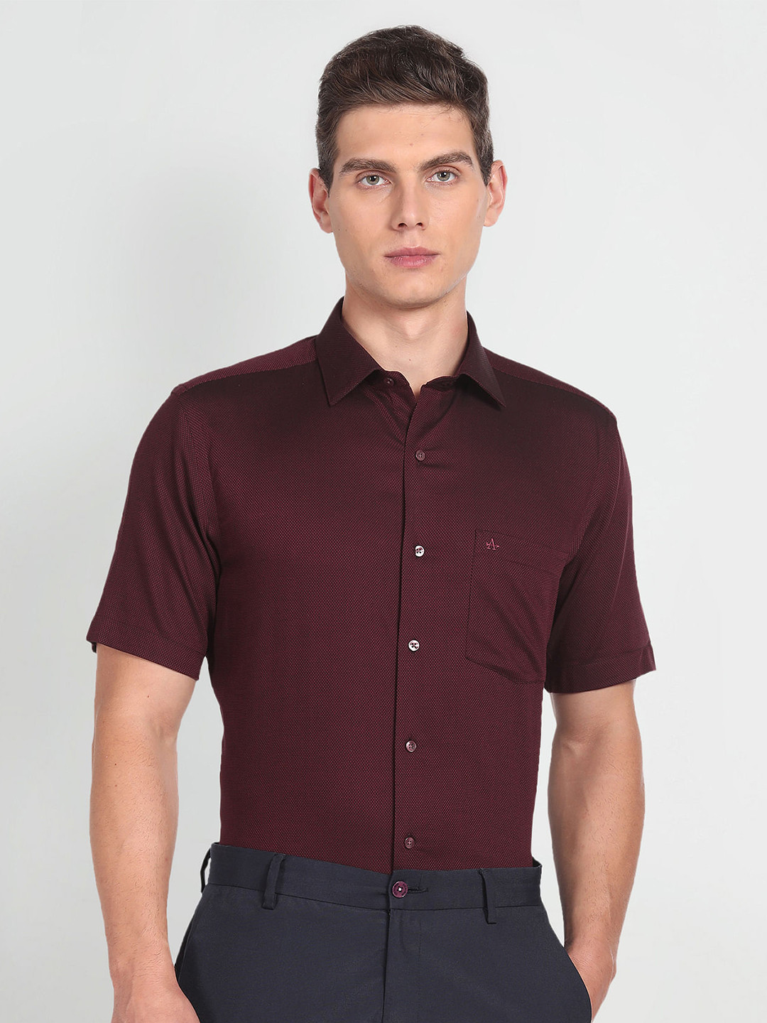 Arrow Self Design Spread Collar Short Sleeves Pure Cotton Formal Shirt