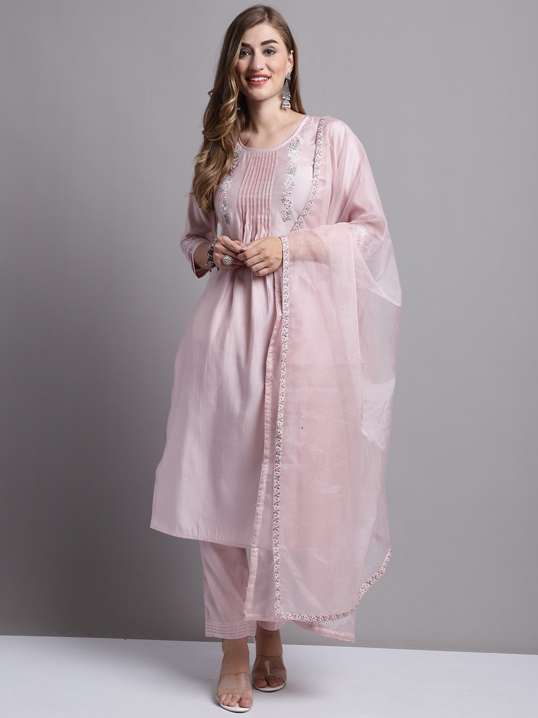 Roly Poly Floral Yoke Design Pleated Thread Work Kurta With Trousers & Dupatta