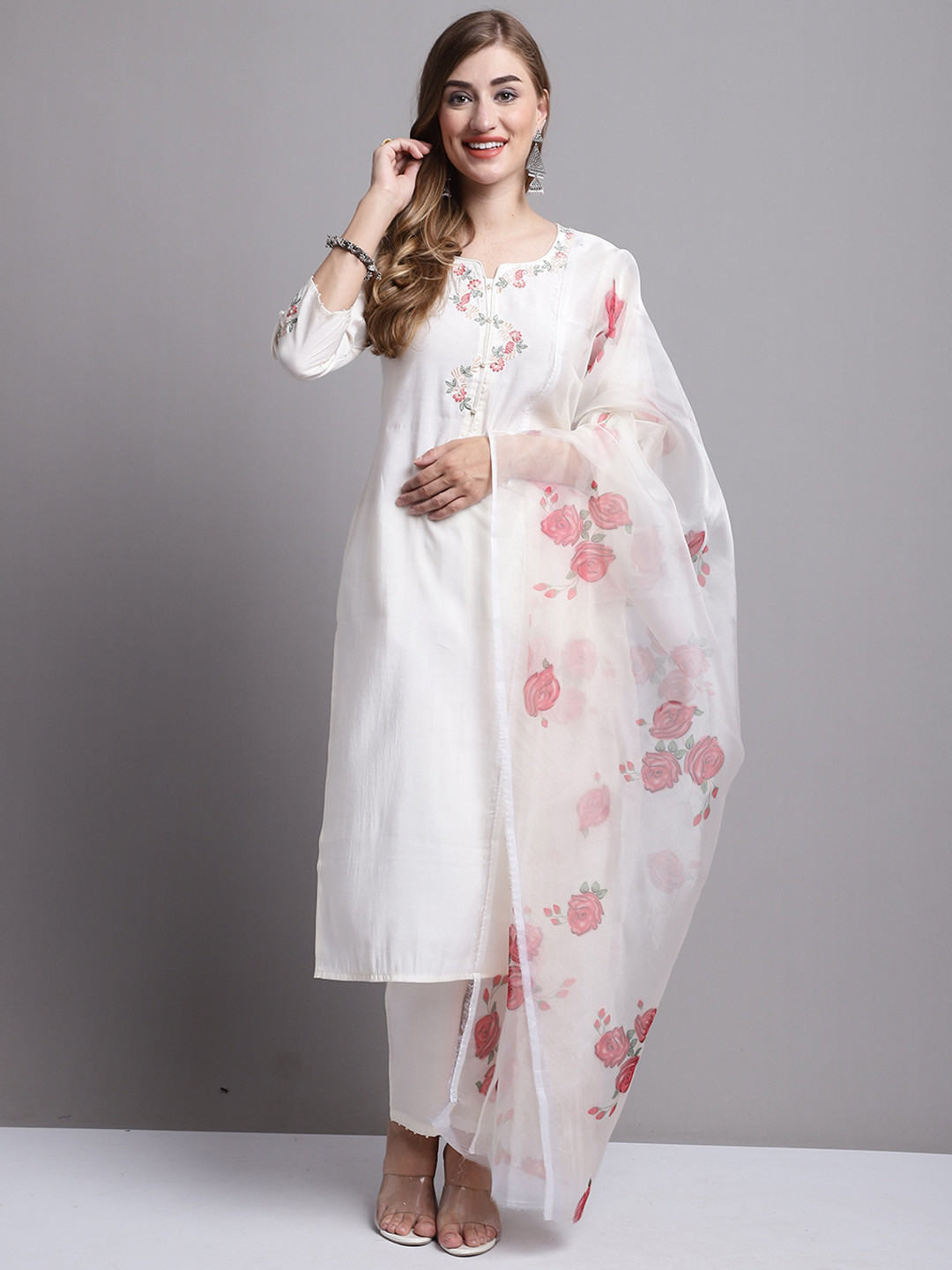 Roly Poly Floral Yoke Design Regular Thread Work Kurta With Trousers & Dupatta