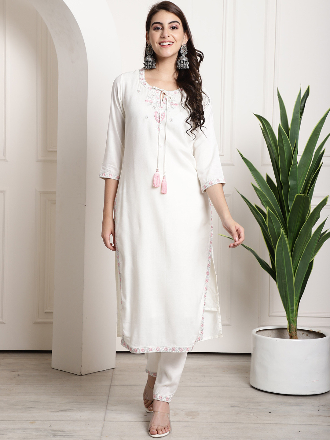 Roly Poly Floral Yoke Design Regular Thread Work Pure Cotton Kurta With Trousers & Dupatta
