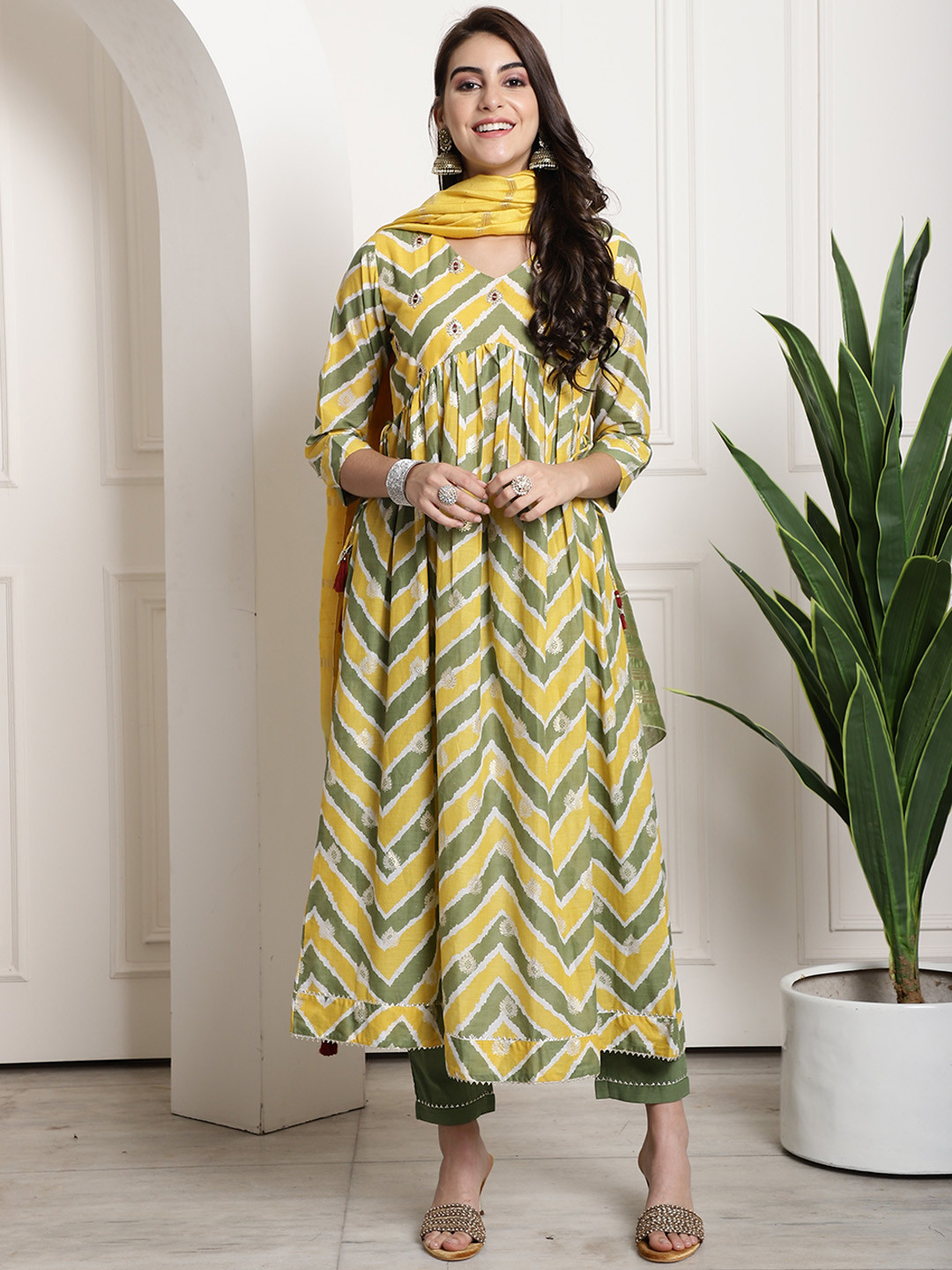 Roly Poly Leheriya Printed Empire Pure Cotton Kurta With Trousers & Dupatta