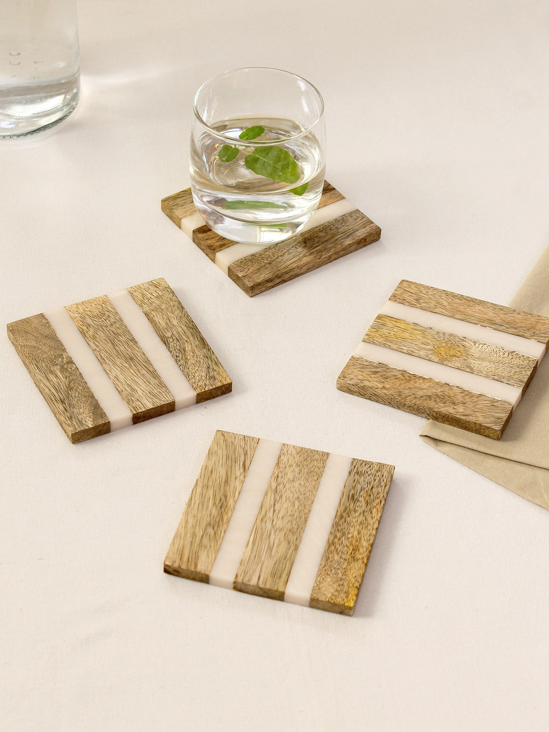 House This Kavvayi 4 Pcs Beige Striped Square Wooden Coasters
