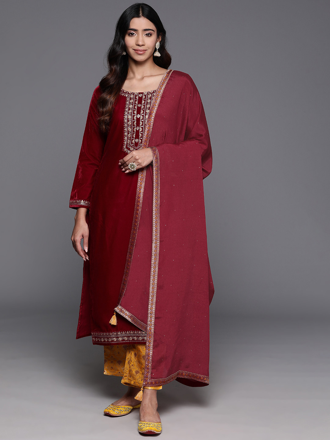 Libas Women Floral Yoke Design Brocade Sequinned Velvet Kurta with Trousers & Dupatta