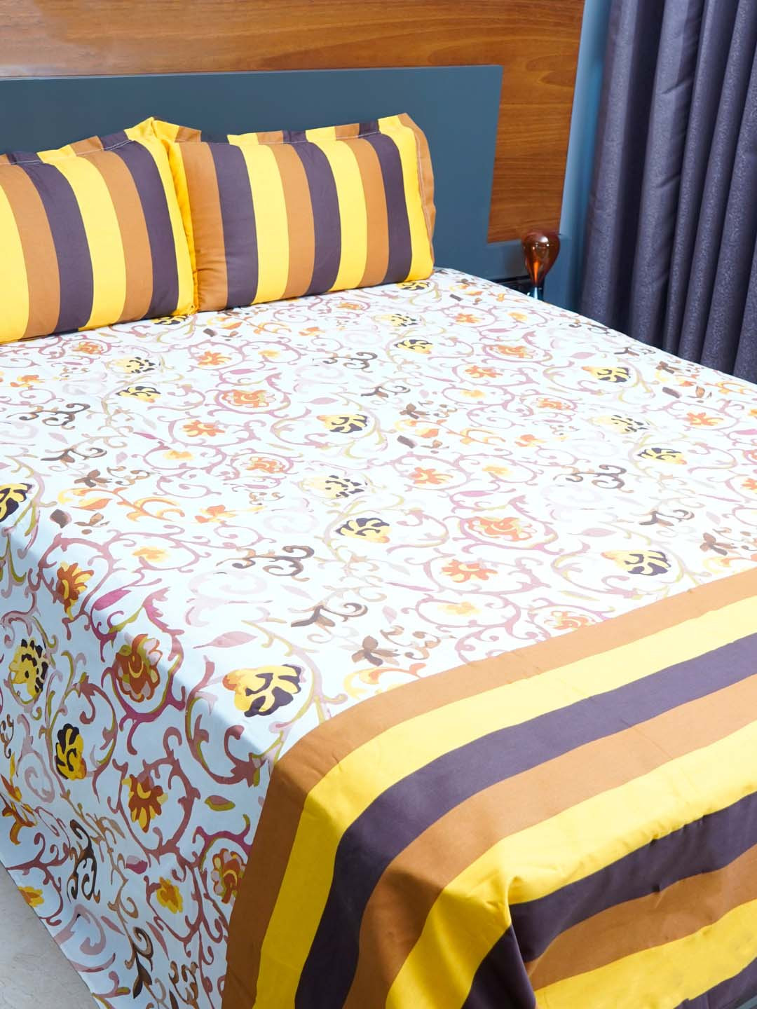 inizio Yellow Ethnic Motifs Cotton 240 TC King Fine Bedsheet with 2 Pillow Covers-108 x 108 inches