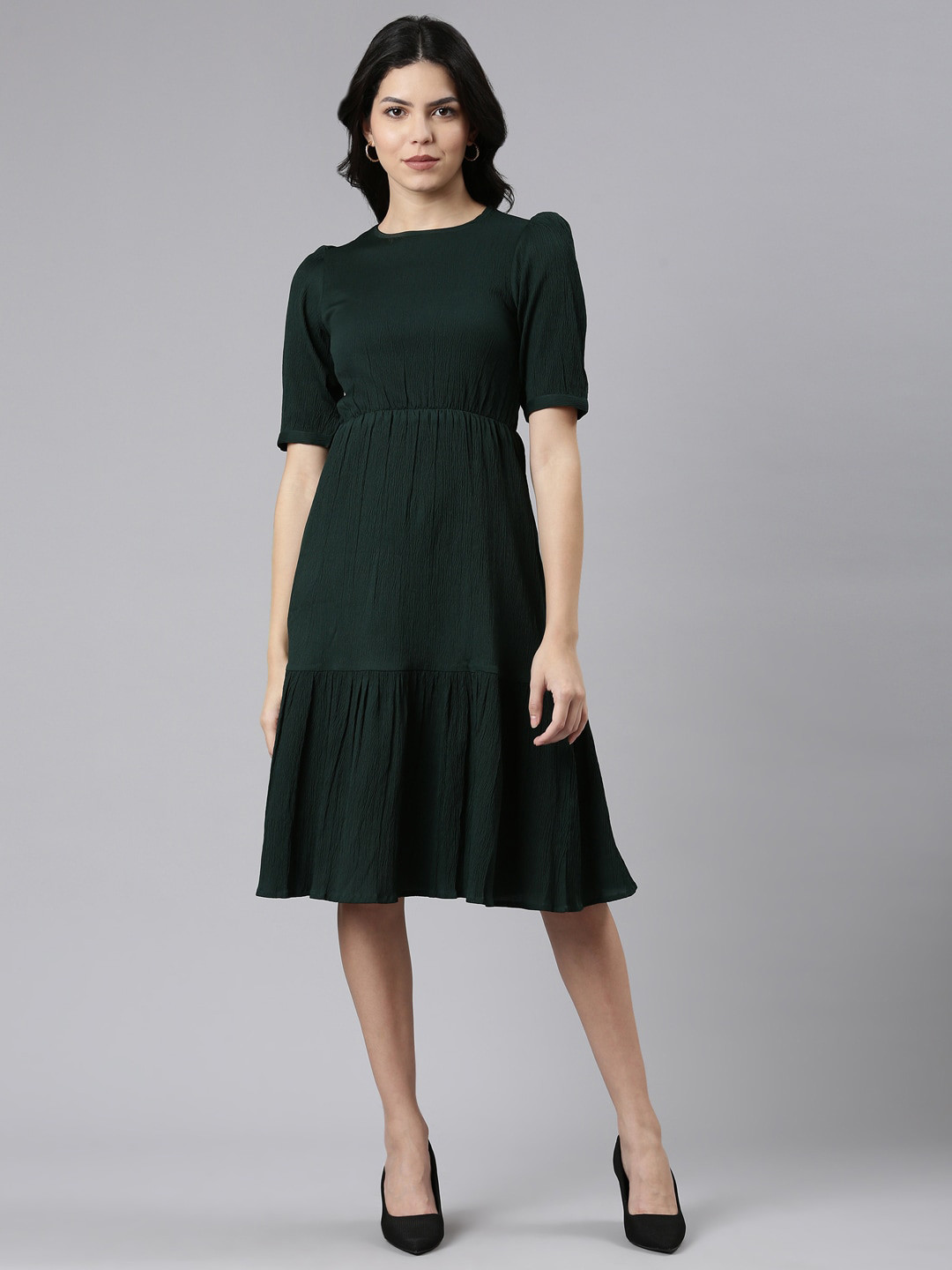 TWIN BIRDS Puff Sleeve Crepe Fit & Flare Knee length Dress