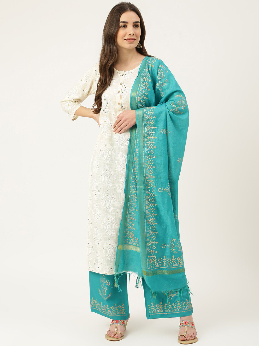 DECKEDUP Paisley Printed Regular Beads And Stones Kurta With Palazzos & Dupatta