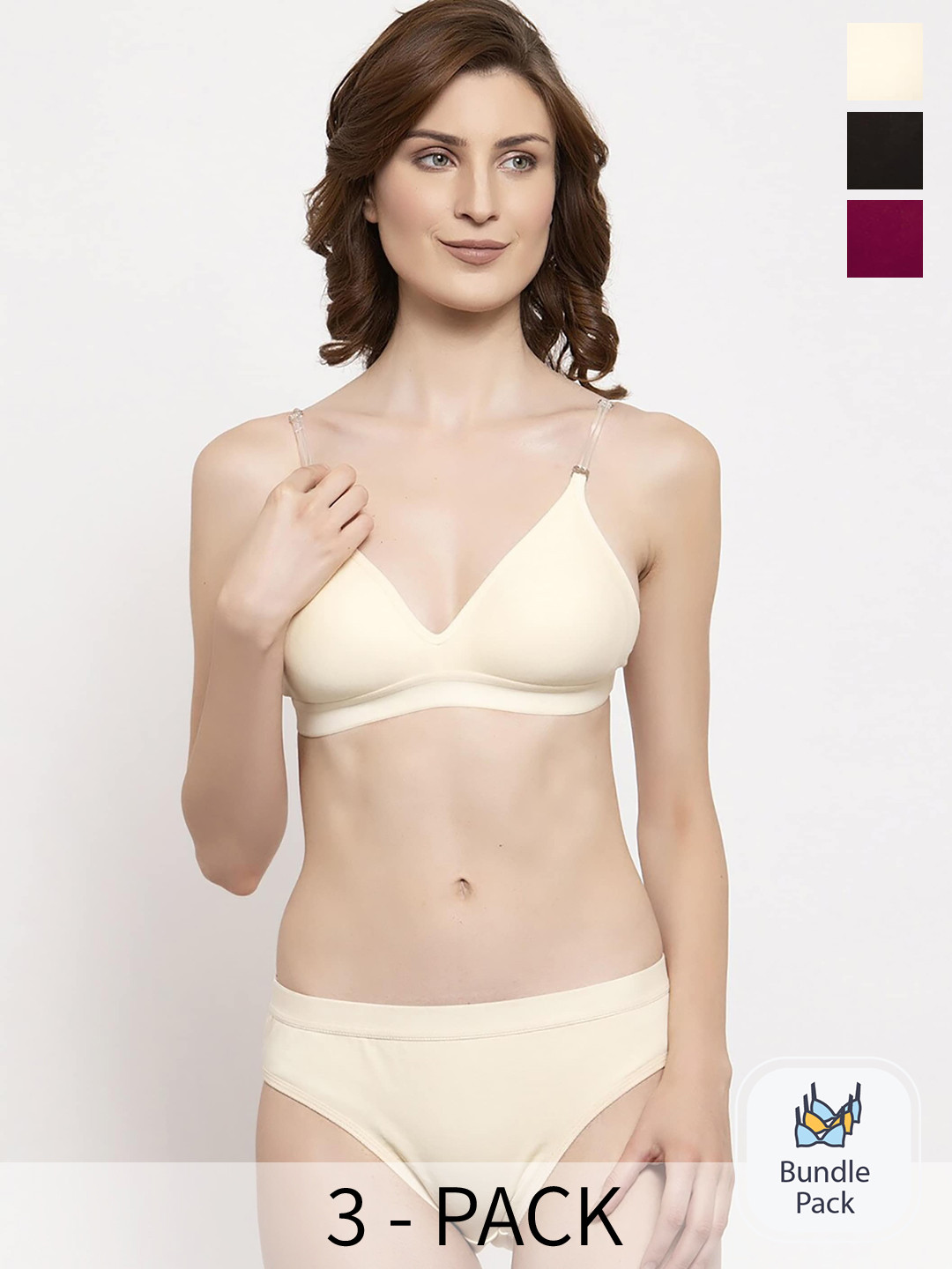 PIBU 3 Pieces Cotton Lingerie Set F_Tpsi Set_Black,Pink,Brown_30