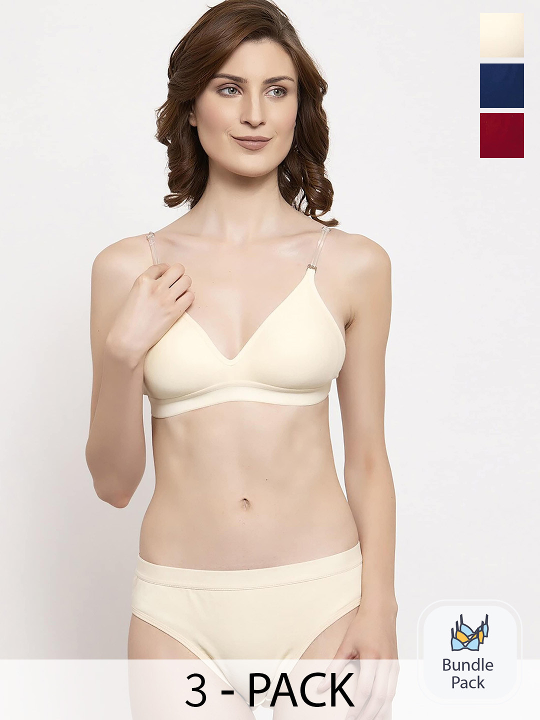 PIBU Pack of 3 Cotton Lingerie Set F_Tpsi Set_Blue,Red,Brown_30